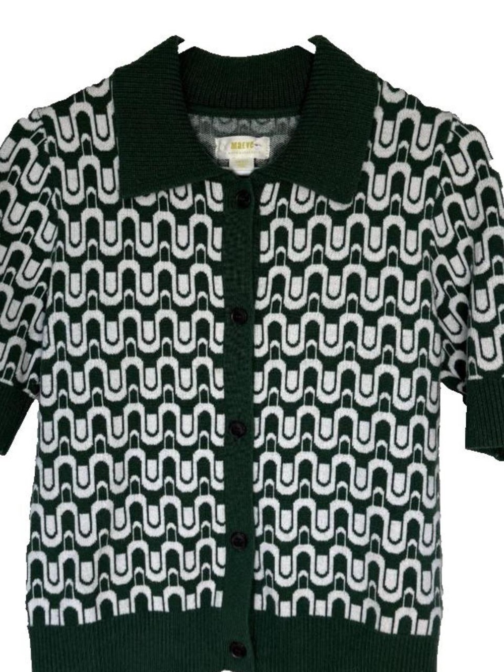 Maeve Green & White Patterned Button-Up Knit Top
